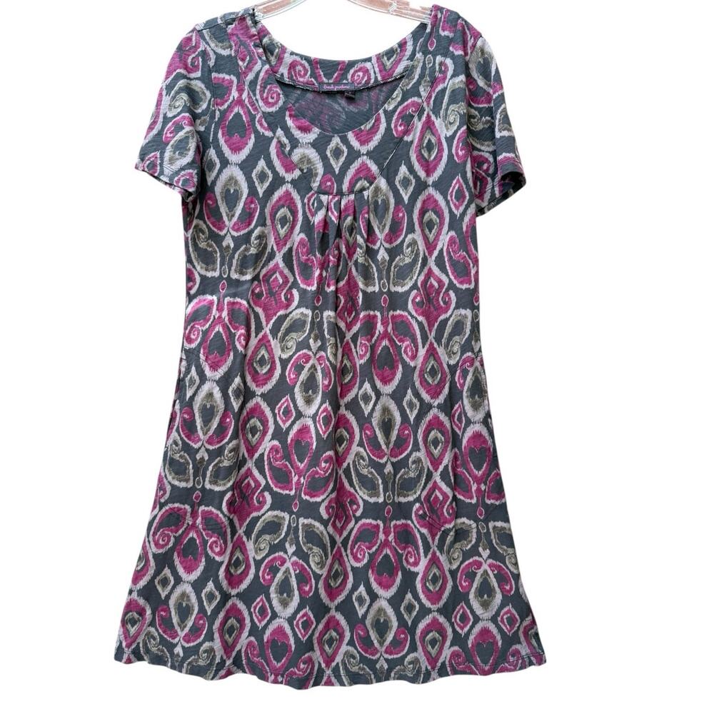 Fresh Produce Dress Cotton Gray Purple Ikat Print Short Sleeve Made USA Medium